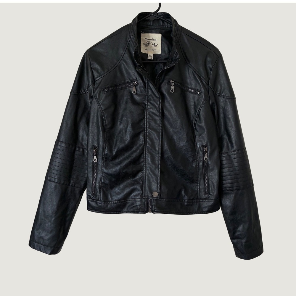 Maralyn & Me Black Faux Leather Moto Jacket Womens XL Zip Up Ribbed Sleeve